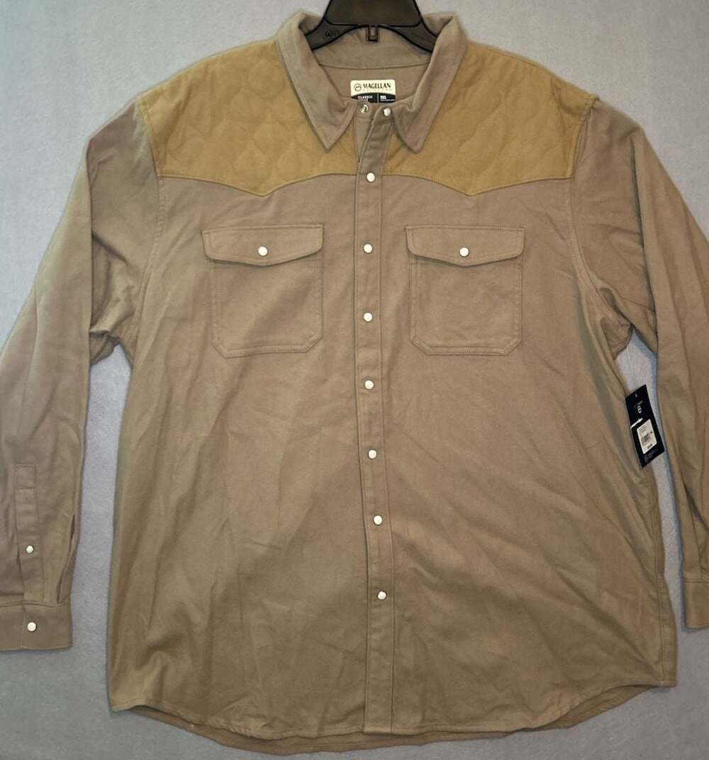 Magellan Outdoors Classic Fit Men's 2XL Tan Quilted Yoke Western Snap Shirt NWT